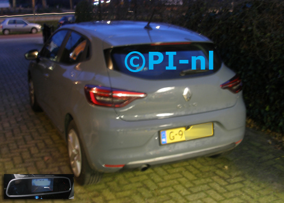 Parkeersensoren (set F 2019) ingebouwd door PI-nl in een Renault Clio (nieuw) met canbus uit 2019. De spiegeldisplay is van de set met kentekenplaatcamera en sensoren.