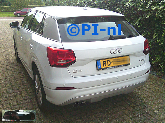 Parkeersensoren (set D 2024) ingebouwd door PI-nl in een Audi Q2 met canbus uit 2017. De spiegeldisplay is van de set met bumpercamera en sensoren.