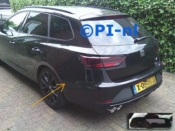 Dode Hoek Parkeersensoren (set DHP/A 2025) ingebouwd door PI-nl in een Seat Leon FR ST met canbus uit 2020. De display werd op de binnenspiegel gemonteerd.