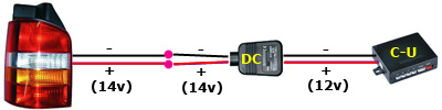 Aansluitschema bij 14 volt spanning (met draaiende motor) op het achteruitrijlicht